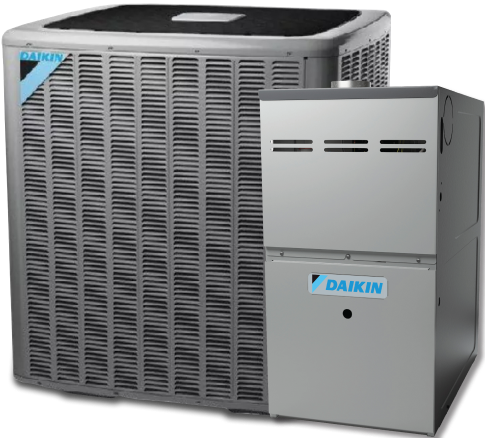 A Daikin-branded outdoor air conditioning unit and an indoor furnace unit are shown side by side.