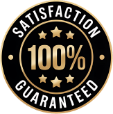 A Circular Black And Gold Badge With The Text &Quot;Satisfaction Guaranteed 100%&Quot; And Five Gold Stars.