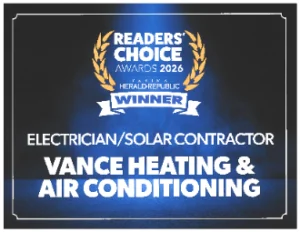Award Plaque Reading “Readers’ Choice Awards 2026 Winner, Electrician/Solar Contractor, Vance Heating &Amp; Air Conditioning.” A Testament To The Exceptional Service And Dedication Of Vance In The Community.