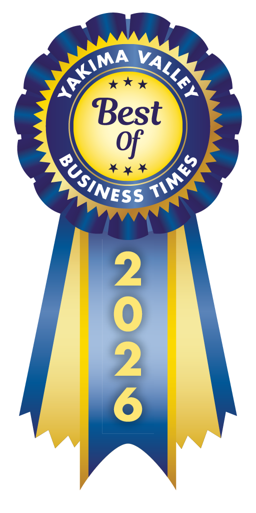 Blue And Gold Vance Ribbon Award Featuring The Text “Yakima Valley Best Of Business Times 2026.”.